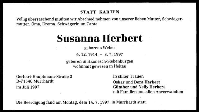 Weber Susanna 1914-1997 Todesanzeige